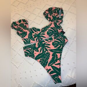 Pink Bikini with Green Tropical Leaf Print
